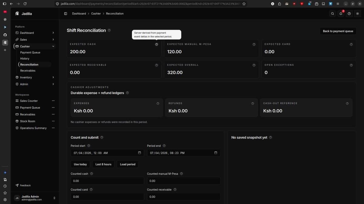 Jadilia dashboard — reconciliation summary with sales, payments, and stock records